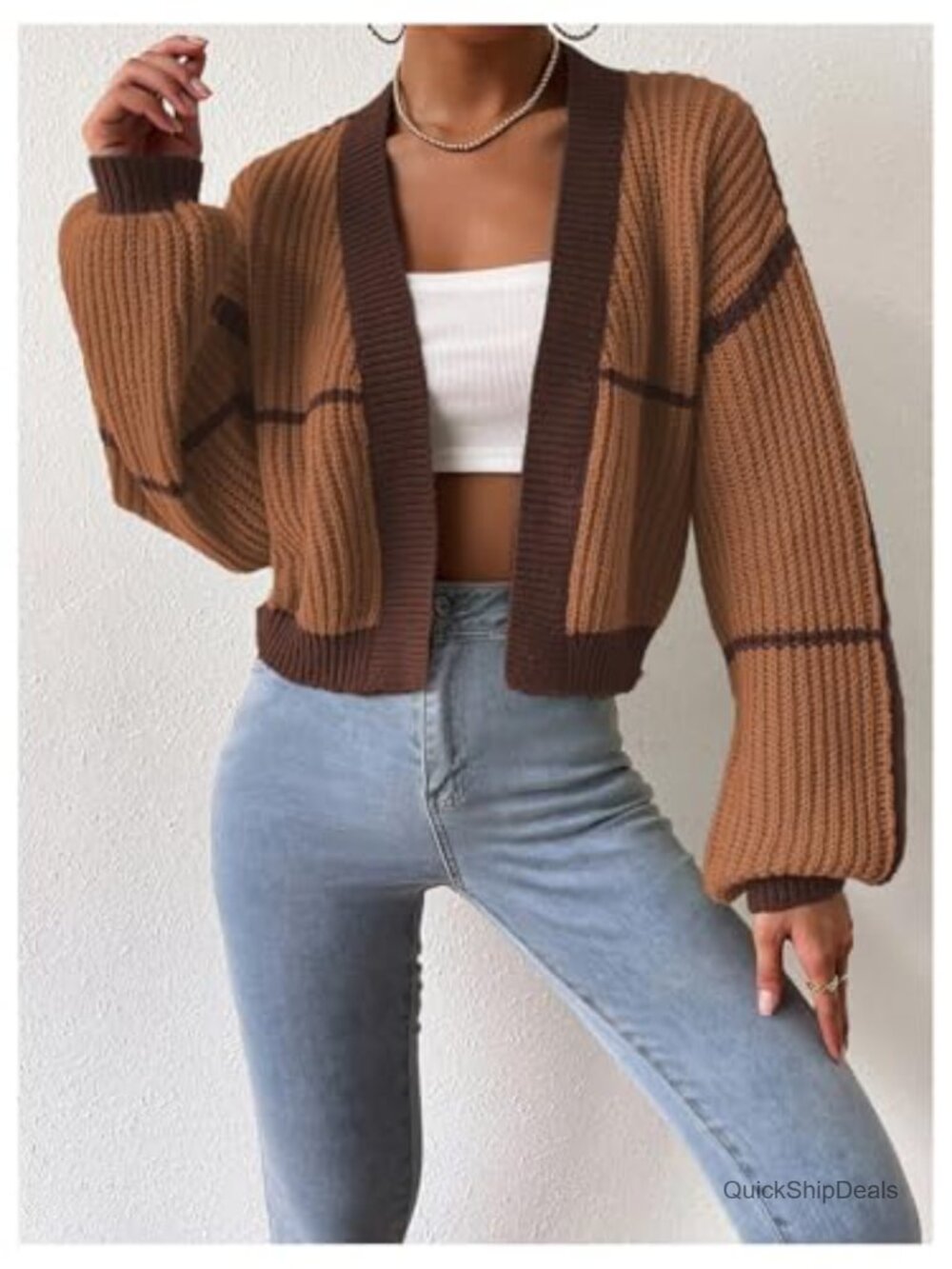 Color Block Crop Cardigan Bishop Long Sleeve Open Front Sweater - Picture 4 of 7